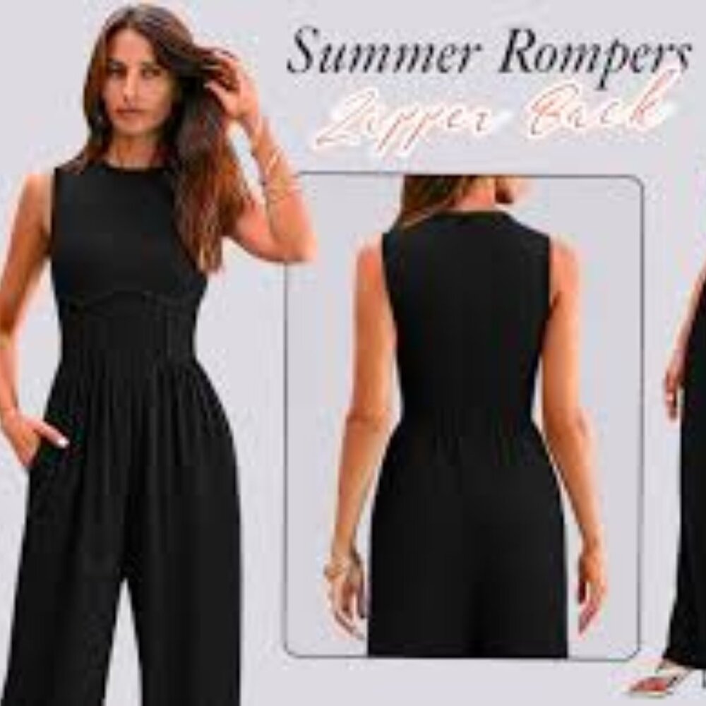 PrettyGarden Sleeveless Mock Turtleneck Jumpsuit with Pockets/Black - Size XL